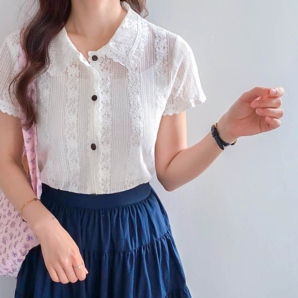 【新品特惠，立减6000韩元】 <FONT color=#5a3954>MADE LIN</font>聚酯纤维钩针短袖女式衬衫【尺码：F(55~66)】