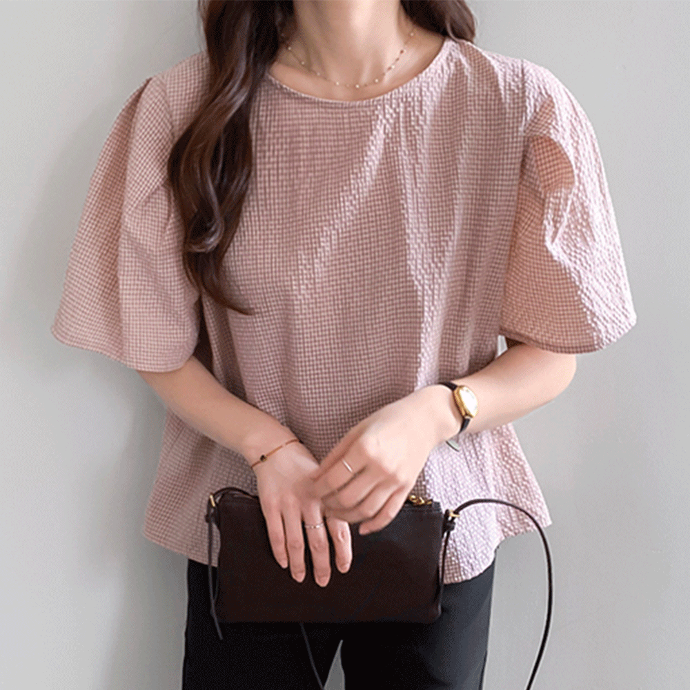 【新品特惠 13% 折扣】MADE LIN Ritz 泡泡纱迷你格纹袖口收褶女式衬衫【尺码：F (55~66.5)】