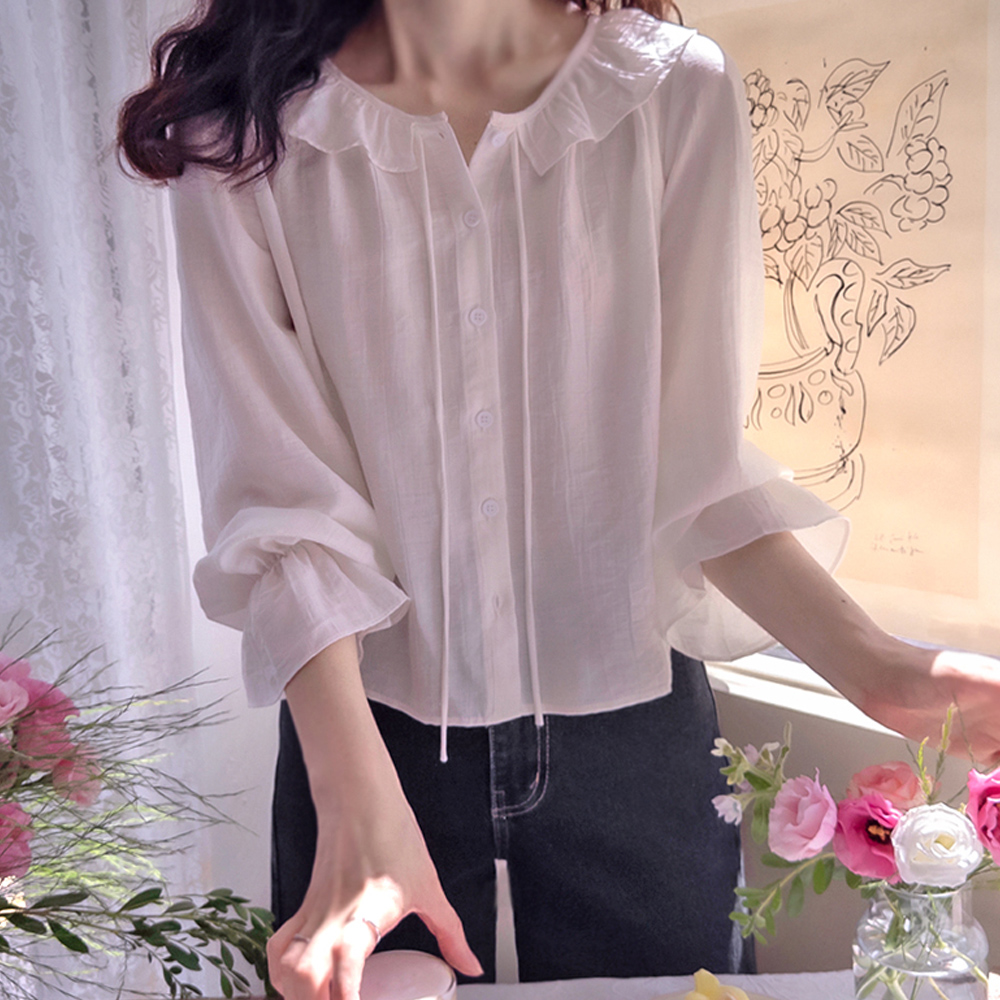 Shoebrink 褶皱领宽松柔软女式衬衫 [尺码：F(55~66)]