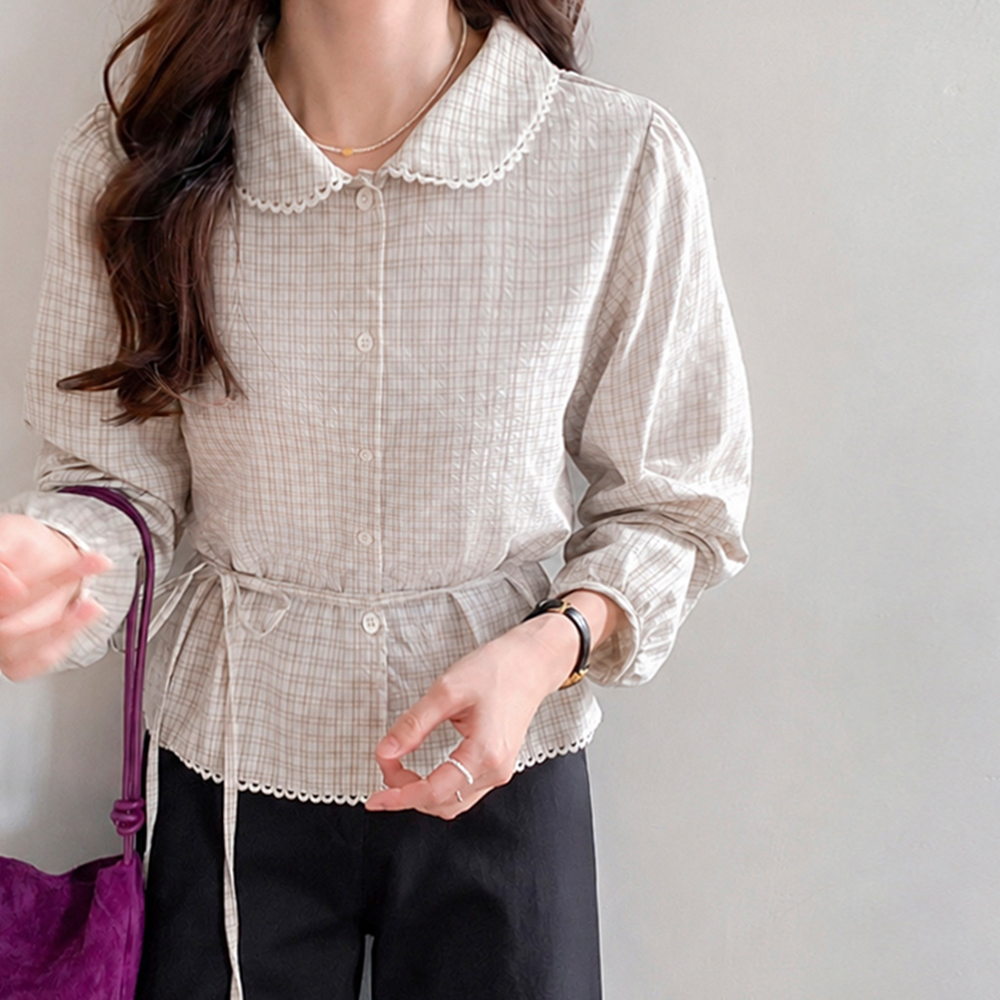 【新品特价20%促销】MADE LIN Riosa 可爱格子蕾丝领女衬衫[尺码:F(55~66)]