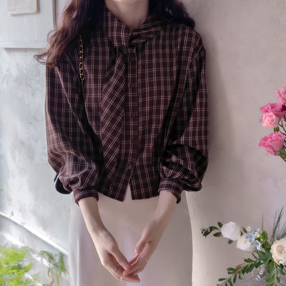 格纹围巾，免烫，优雅女士衬衫 [尺码：F(55~66)]