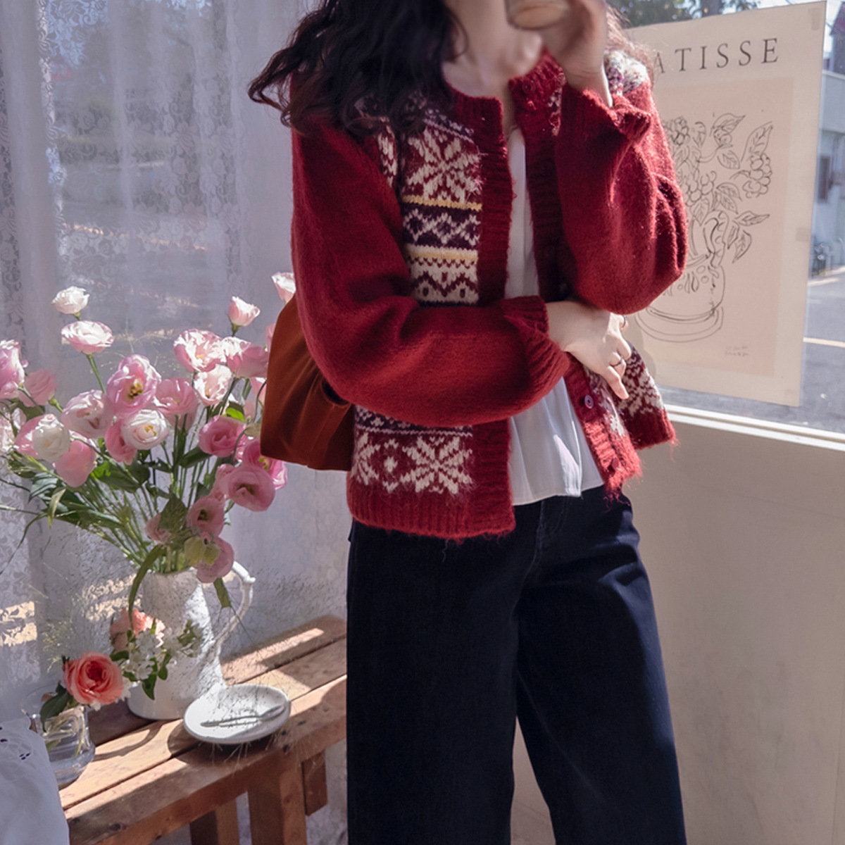 浪漫雪花复古牛仔裤可爱颜色保暖针织衫 [尺码：F(55~66)]
